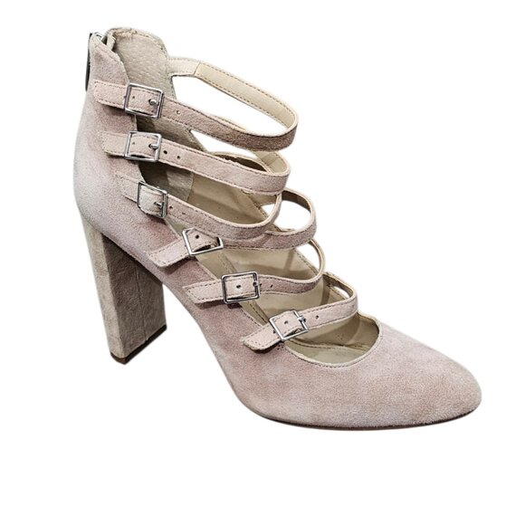 VINCE CAMUTO Dalison Leather Suede Strappy Buckle Chunky Heel Pump Blush Rose - Picture 3 of 14
